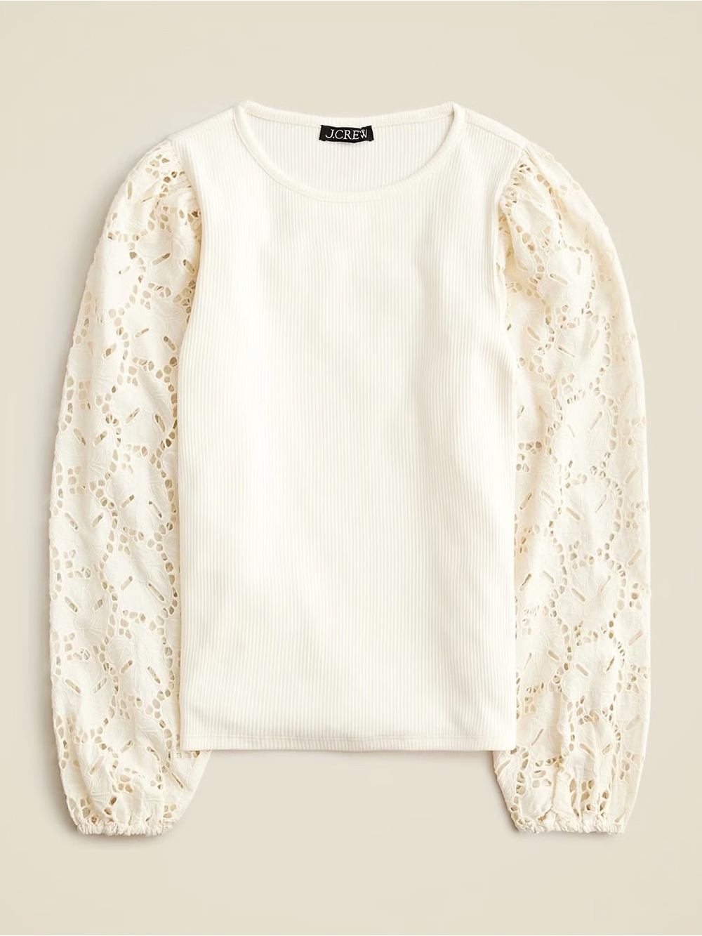 J.‎ Crew Cream Ribbed Knit Top Cotton Poplin Embroidered Eyelet Sleeves Small